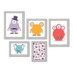 Kit Com 5 Quadros Decorativos - Monstrinhos - Infantil - Bebê - Baby - Quarto - 303kq01 - Allodi