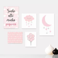 Kit 5 Placas Decorativas - Sonhe Alto Minha Pequena - Infantil Bebê Quarto Menina - 305ktpl5