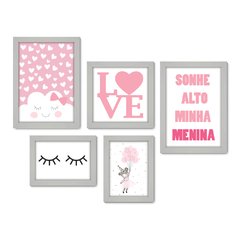 Kit Com 5 Quadros Decorativos - Sonhe Alto Minha Menina - Infantil - Bebê - Baby - 307kq01 - Allodi
