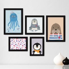 Kit Com 5 Quadros Decorativos - Animais Marinhos - Mar - Infantil - Baby - Bebê - 309kq01