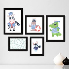 Kit Com 5 Quadros Decorativos - Animais - Marinheiro - Infantil - Baby - Bebê - 310kq01