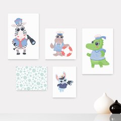 Kit 5 Placas Decorativas - Animais - Marinheiro - Infantil Bebê Quarto Menino Menina - 310ktpl5