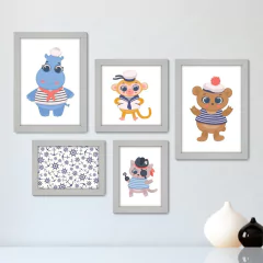 Kit Com 5 Quadros Decorativos - Animais - Marinheiro - Infantil - Baby - Bebê - 311kq01 - comprar online