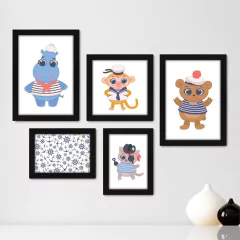 Kit Com 5 Quadros Decorativos - Animais - Marinheiro - Infantil - Baby - Bebê - 311kq01