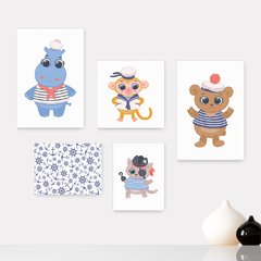Kit 5 Placas Decorativas - Animais - Marinheiro - Infantil Bebê Quarto Menino Menina - 311ktpl5
