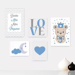 Kit 5 Placas Decorativas - Sonhe Alto Pequeno Ursinho Love Infantil Bebê Quarto Menino - 322ktpl5
