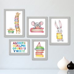 Kit Com 5 Quadros Decorativos - Animais - Livros - Infantil - Educação - 323kq01 - comprar online