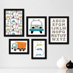 Kit Com 5 Quadros Decorativos - Carrinhos - Alfabeto - Infantil - Baby - 327kq01