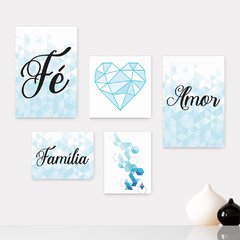 Kit 5 Placas Decorativas - Fé Amor Família Palavras Casa Quarto Sala - 334ktpl5