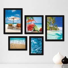 Kit Com 5 Quadros Decorativos - Praia - Mar - Férias - Viagem - 346kq01