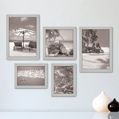 Kit Com 5 Quadros Decorativos - Praia - Mar - Férias - Viagem - Preto e Branco - 347kq01 - comprar online