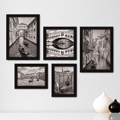 Kit Com 5 Quadros Decorativos - Itália - Veneza - Mundo - Viagem - Preto e Branco - 351kq01