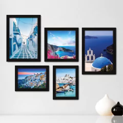 Kit Com 5 Quadros Decorativos - Grécia - Mykonos - Santorini - Mar - Viagem - 354kq01
