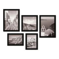 Kit Com 5 Quadros Decorativos - Grécia - Mykonos - Santorini - Mar - Viagem - Preto e Branco - 355kq01 na internet