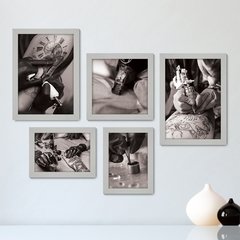 Kit Com 5 Quadros Decorativos - Tatuagem - Estúdio de Tatuagem - Tattoo - Preto e Branco - 357kq01 - comprar online
