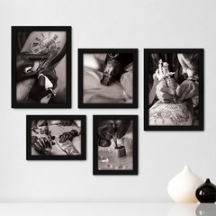 Kit Com 5 Quadros Decorativos - Tatuagem - Estúdio de Tatuagem - Tattoo - Preto e Branco - 357kq01