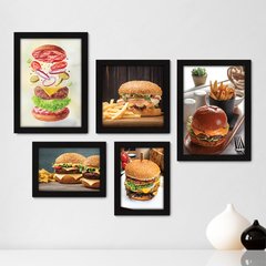 Kit Com 5 Quadros Decorativos - Hambúrguer - Hamburgueria - Lanchonete - Cozinha -367kq01
