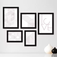Kit Com 5 Quadros Decorativos - Geométrico - Abstrato - Linhas - Love - 380kq01
