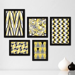 Kit Com 5 Quadros Decorativos - Geométrico - Abstrato - Cinza e Amarelo - 381kq01