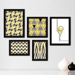 Kit Com 5 Quadros Decorativos - Geométrico - Abstrato - Love - Cinza e Amarelo - 382kq01