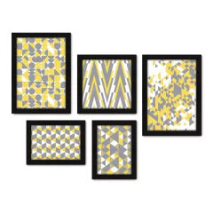 Kit Com 5 Quadros Decorativos - Geométrico - Abstrato - Cinza e Amarelo - 383kq01 na internet