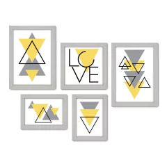 Kit Com 5 Quadros Decorativos - Abstrato - Formas - Geométricas - Triângulo - Love - 387kq01 - Allodi