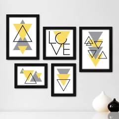 Kit Com 5 Quadros Decorativos - Abstrato - Formas - Geométricas - Triângulo - Love - 387kq01