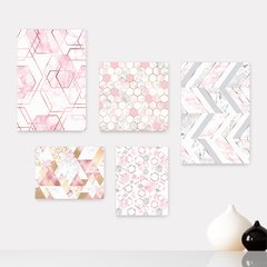 Kit 5 Placas Decorativas - Abstrato Formas Geométricas Rosa Casa Quarto Sala - 395ktpl5