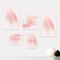 Kit 5 Placas Decorativas - Fé Gratidão Amor Abstrato Rosa Casa Quarto Sala- 400ktpl5
