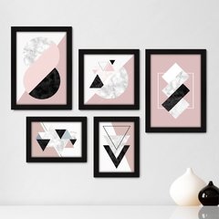 Kit Com 5 Quadros Decorativos - Abstrato - Geométrico - Rosa - Cinza - Preto - 404kq01