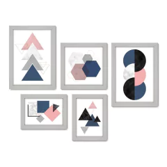 Kit Com 5 Quadros Decorativos - Abstrato - Geométrico - Rosa - Cinza - Azul - 405kq01 - Allodi