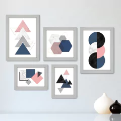 Kit Com 5 Quadros Decorativos - Abstrato - Geométrico - Rosa - Cinza - Azul - 405kq01 - comprar online