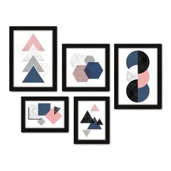 Kit Com 5 Quadros Decorativos - Abstrato - Geométrico - Rosa - Cinza - Azul - 405kq01 na internet