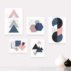 Kit 5 Placas Decorativas - Abstrato Geométrico Rosa Cinza Azul Casa Quarto Sala - 405ktpl5