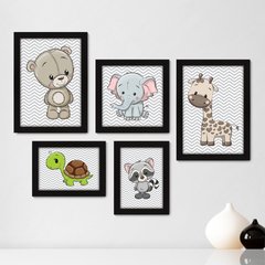 Kit Com 5 Quadros Decorativos - Animais - Chevron - Infantil - Baby - Bebê - 406kq01