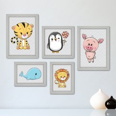 Kit Com 5 Quadros Decorativos - Animais - Chevron - Infantil - Baby - Bebê - 407kq01 - comprar online