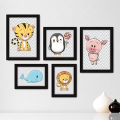 Kit Com 5 Quadros Decorativos - Animais - Chevron - Infantil - Baby - Bebê - 407kq01