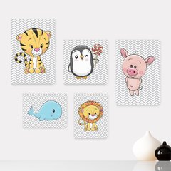 Kit 5 Placas Decorativas - Animais Safari Chevron Infantil Bebê Quarto Menino Menina 407ktpl5