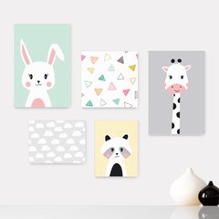 Kit 5 Placas Decorativas - Animais Safari Nuvens Infantil Bebê Quarto Menino Menina - 408ktpl5