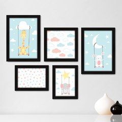 Kit Com 5 Quadros Decorativos - Animais - Infantil - Baby - Bebê - Nuvens - Estrelas - 409kq01
