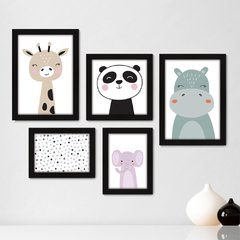 Kit Com 5 Quadros Decorativos - Animais - Infantil - Baby - Bebê - 410kq01