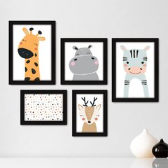 Kit Com 5 Quadros Decorativos - Animais - Infantil - Baby - Bebê - 412kq01