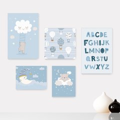 Kit 5 Placas Decorativas - Ursinhos Balões Nuvens Alfabeto Azul Infantil Bebê Quarto Menino - 413ktpl5