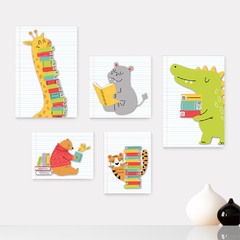 Kit 5 Placas Decorativas Safari Livros Animais Infantil Bebe Baby Quarto Menino Menina Escola - 422ktpl5