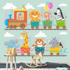 Papel de Parede Adesivo Infantil Safari Trem Animais Bebe Quarto - 583pc