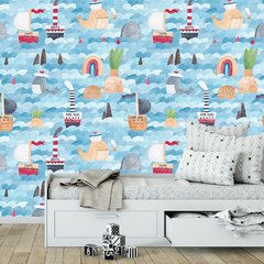Papel de Parede Adesivo Infantil Marítimo Barcos Quarto Menino - 661pc