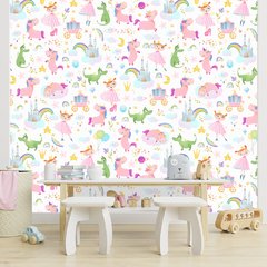 Papel de Parede Adesivo Infantil Unicórnios Princesas Quarto Menina - 798pc