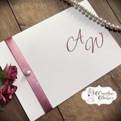 S01 - Simple - Convite com Fita de cetim e pérola para Casamento Aniversário 15 anos Bodas