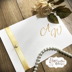 S01 - Simple - Convite com Fita de cetim e pérola para Casamento Aniversário 15 anos Bodas