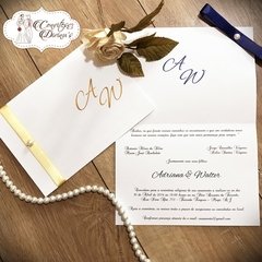 S01 - Simple - Convite com Fita de cetim e pérola para Casamento Aniversário 15 anos Bodas